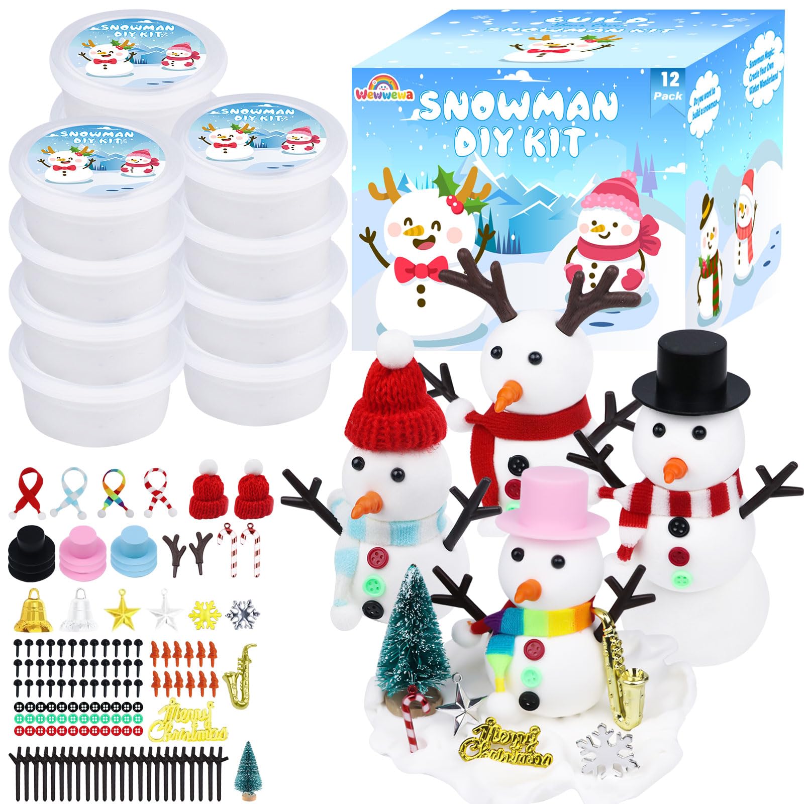 Wewwewa Snowman Kit inside content showing all pieces for 12 snowmen