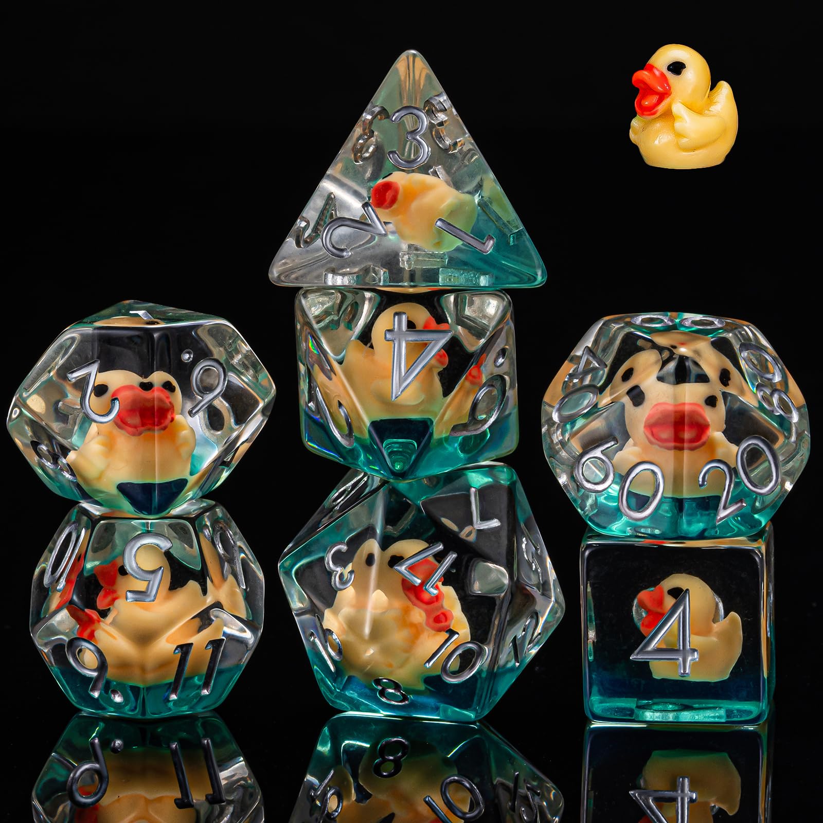 Weyano Resin D&D D10 dice with rose-gold font on clear resin.
