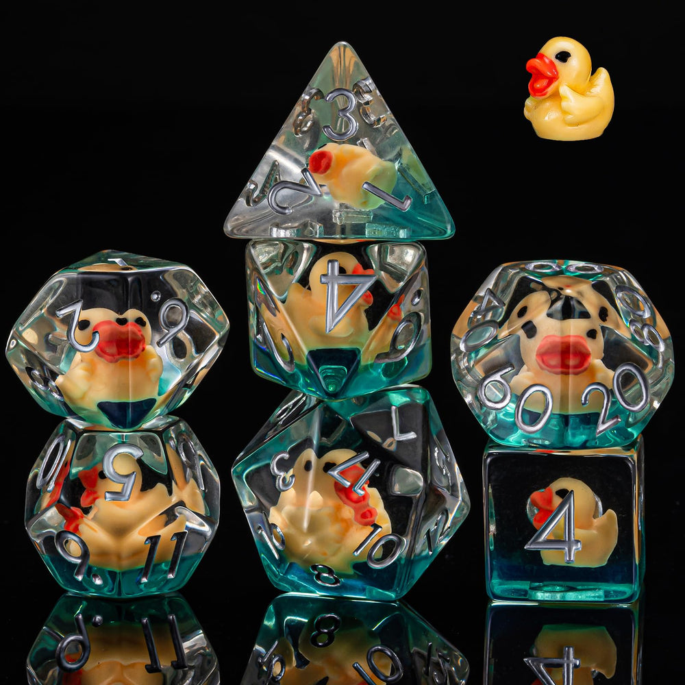 Weyano Resin D&D D10 dice with rose-gold font on clear resin.