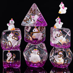Weyano resin unicorn dice set 7pcs on display for ready D&D gameplay