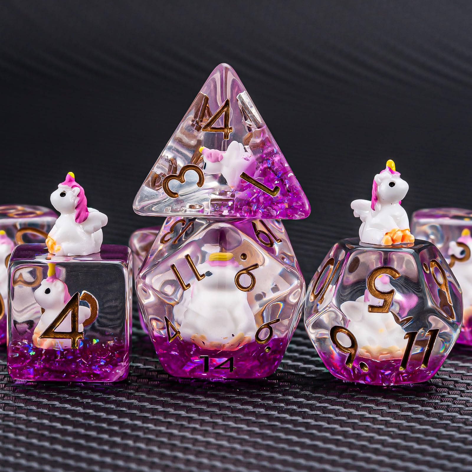 Weyano resin unicorn dice with rose-gold font, easy to read during RPG sessions