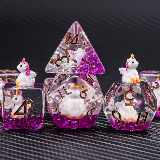 Weyano resin unicorn dice with rose-gold font, easy to read during RPG sessions