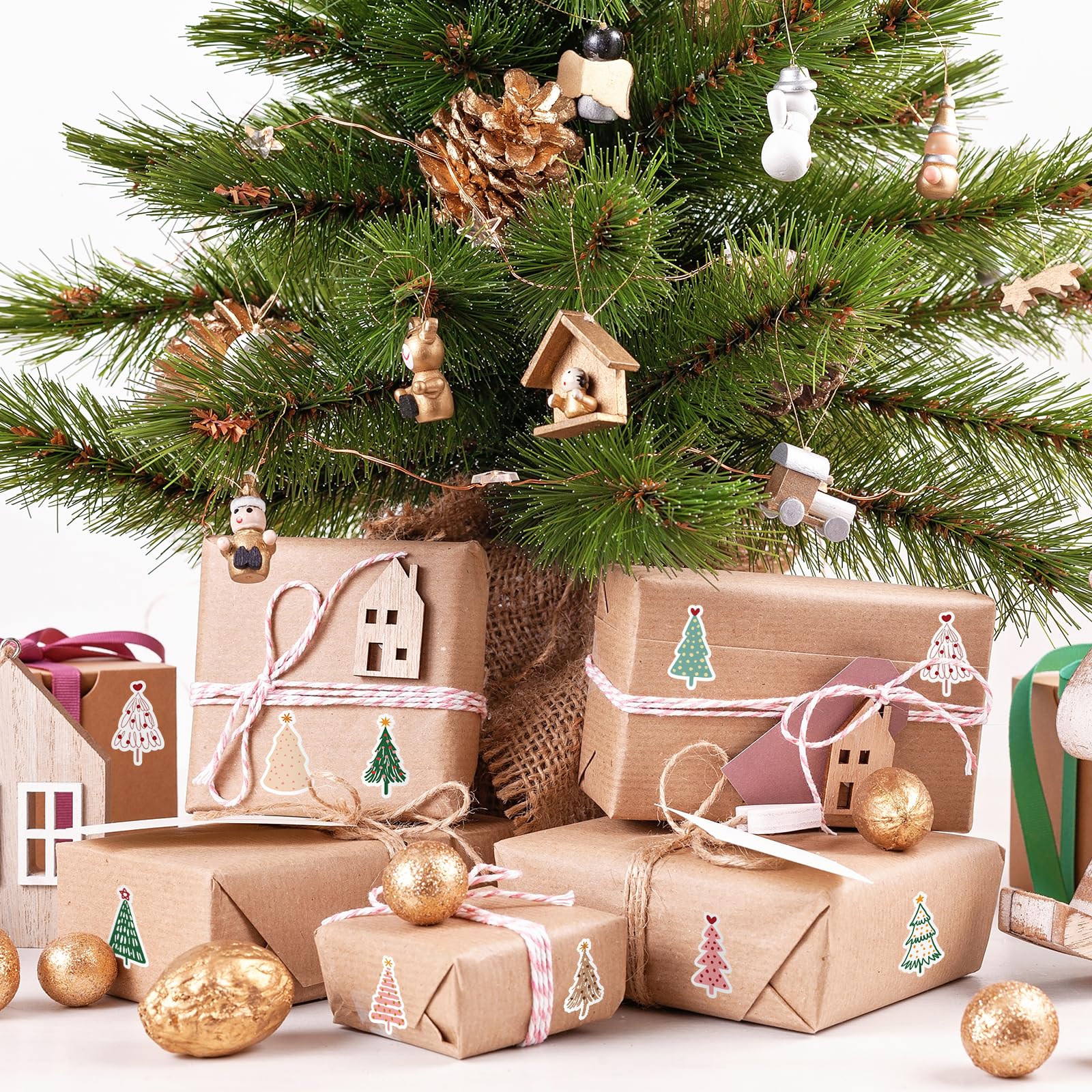 Whaline boho stickers for gift bags and wrapping with holiday vibe.