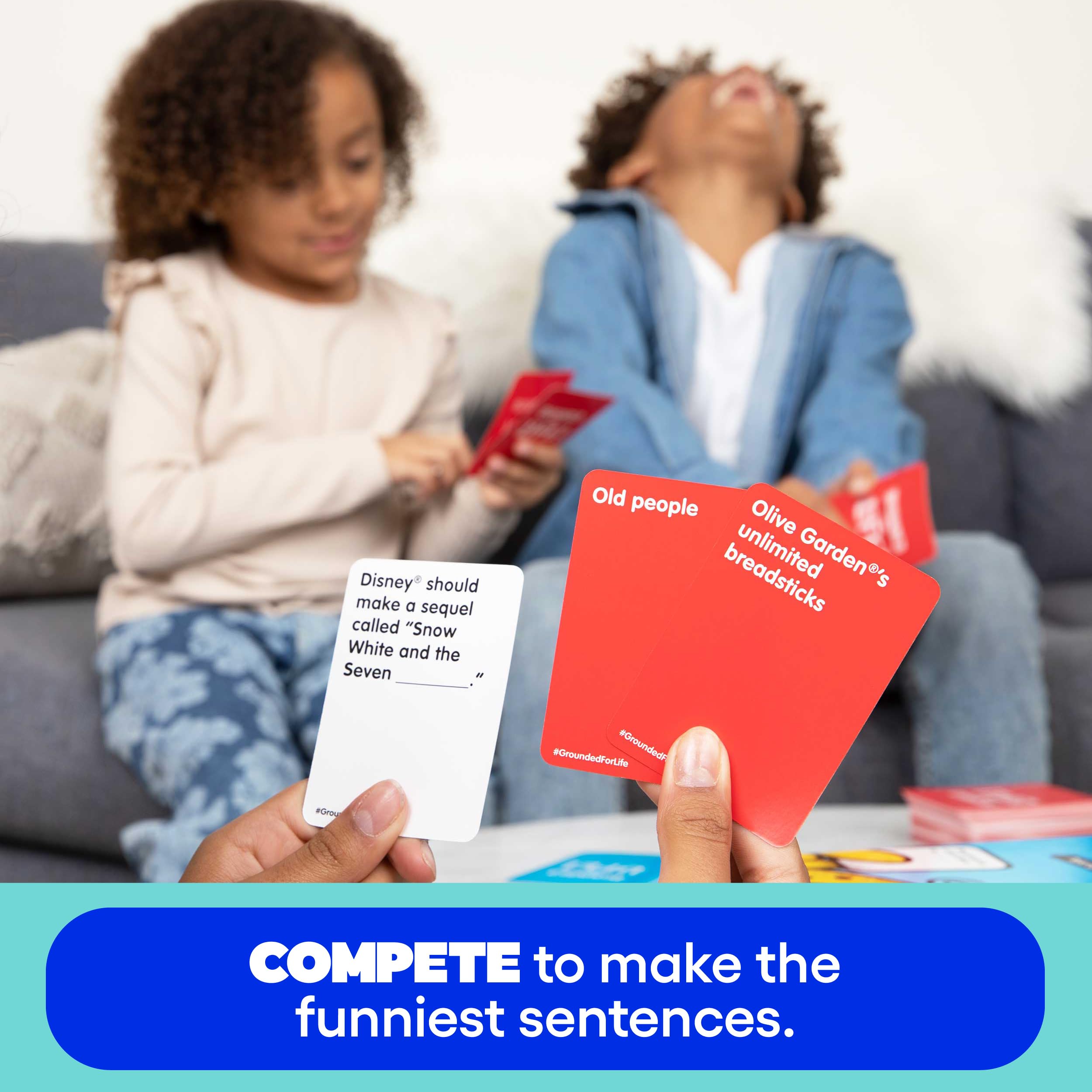 What Do You Meme? Grounded for Life playing area setup invites giggles.