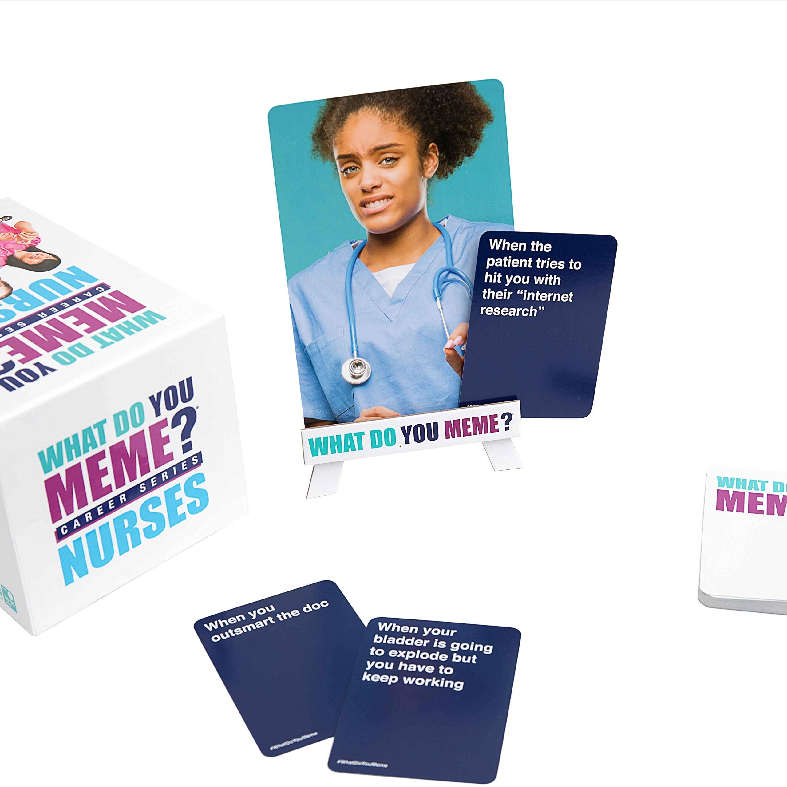 WHAT DO YOU MEME? Nurses Edition players gathered around a table for a fun group game