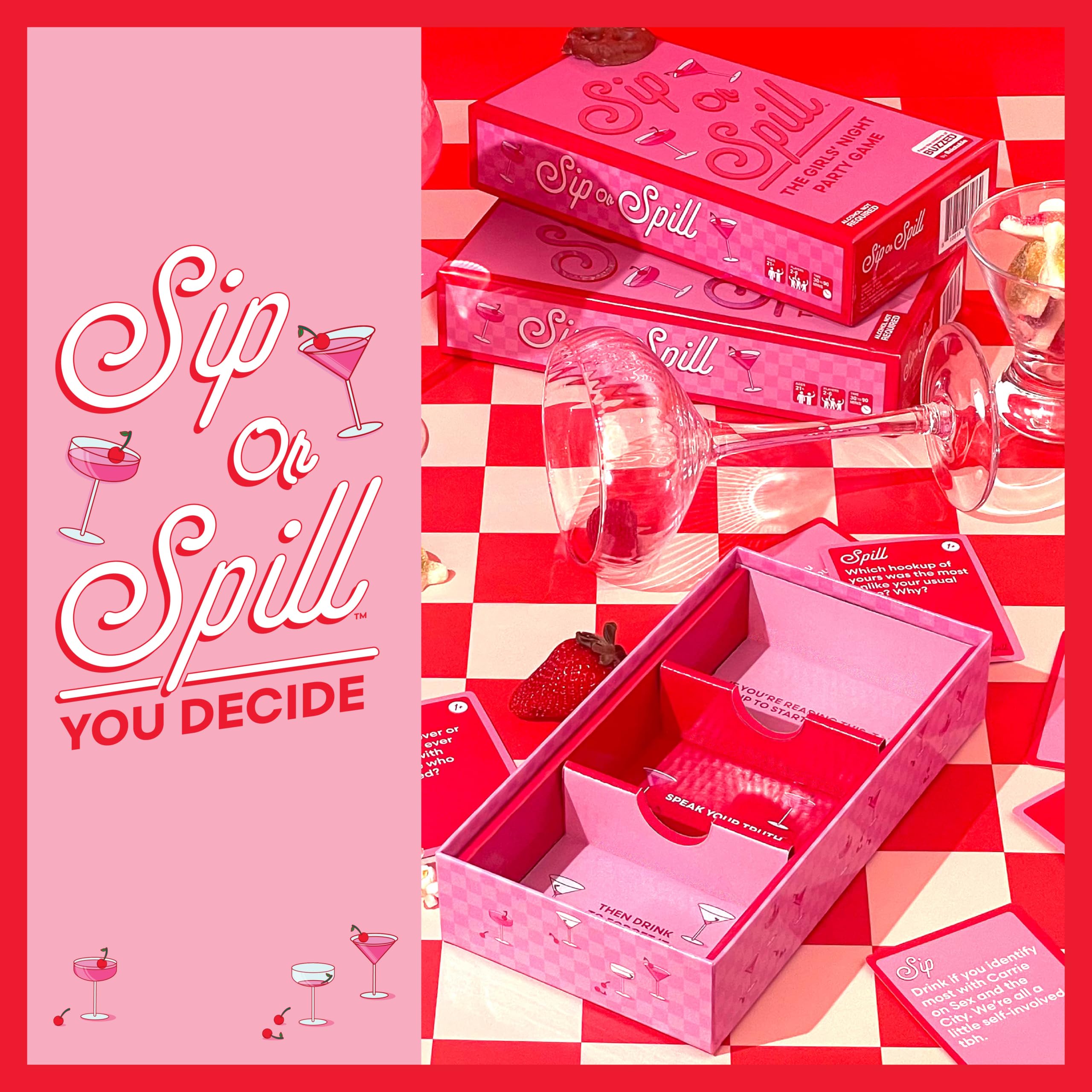 WHAT DO YOU MEME? close-up card text of Sip or Spill showing a bold, funny prompt