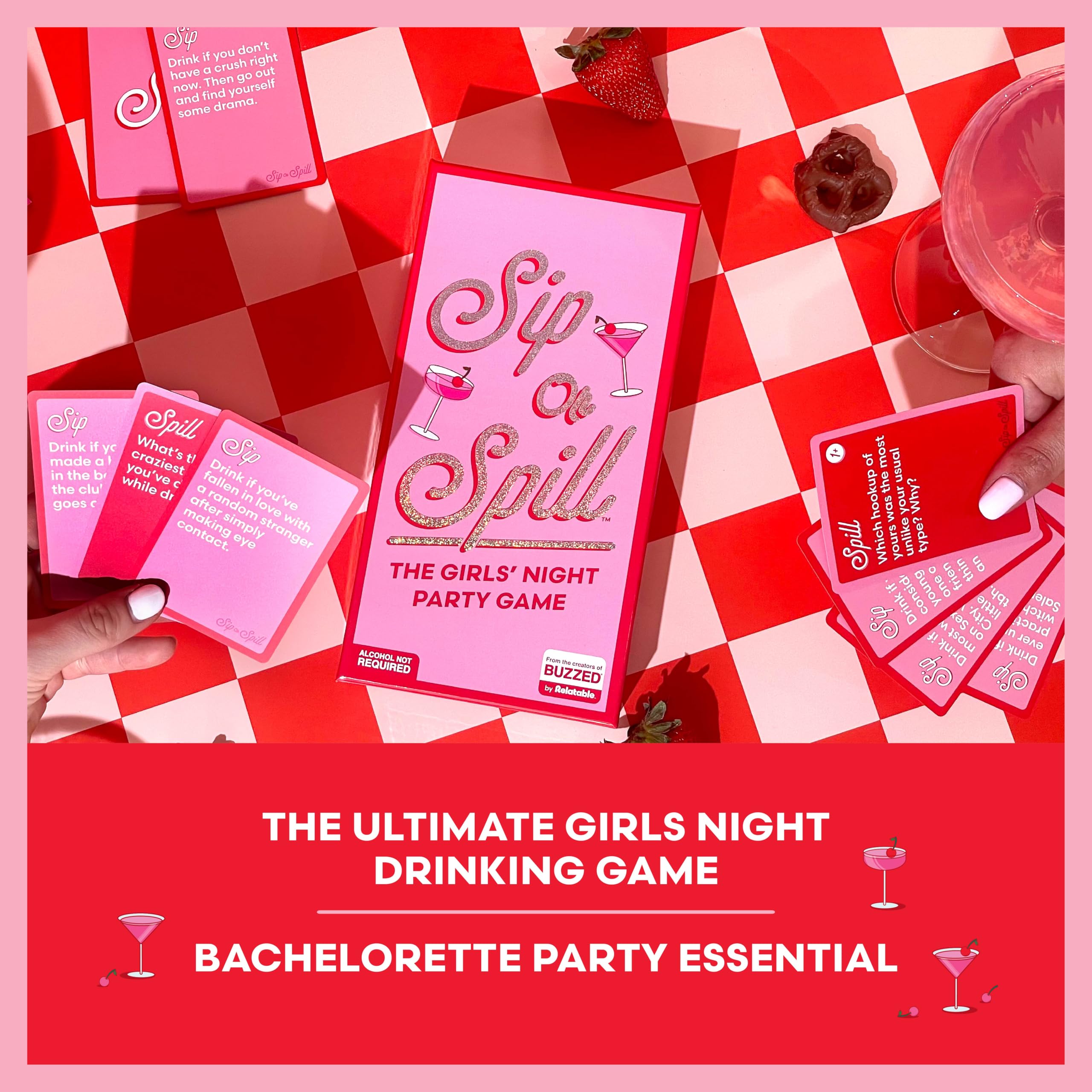 WHAT DO YOU MEME? Sip or Spill box next to a cup showing compact party-ready scale