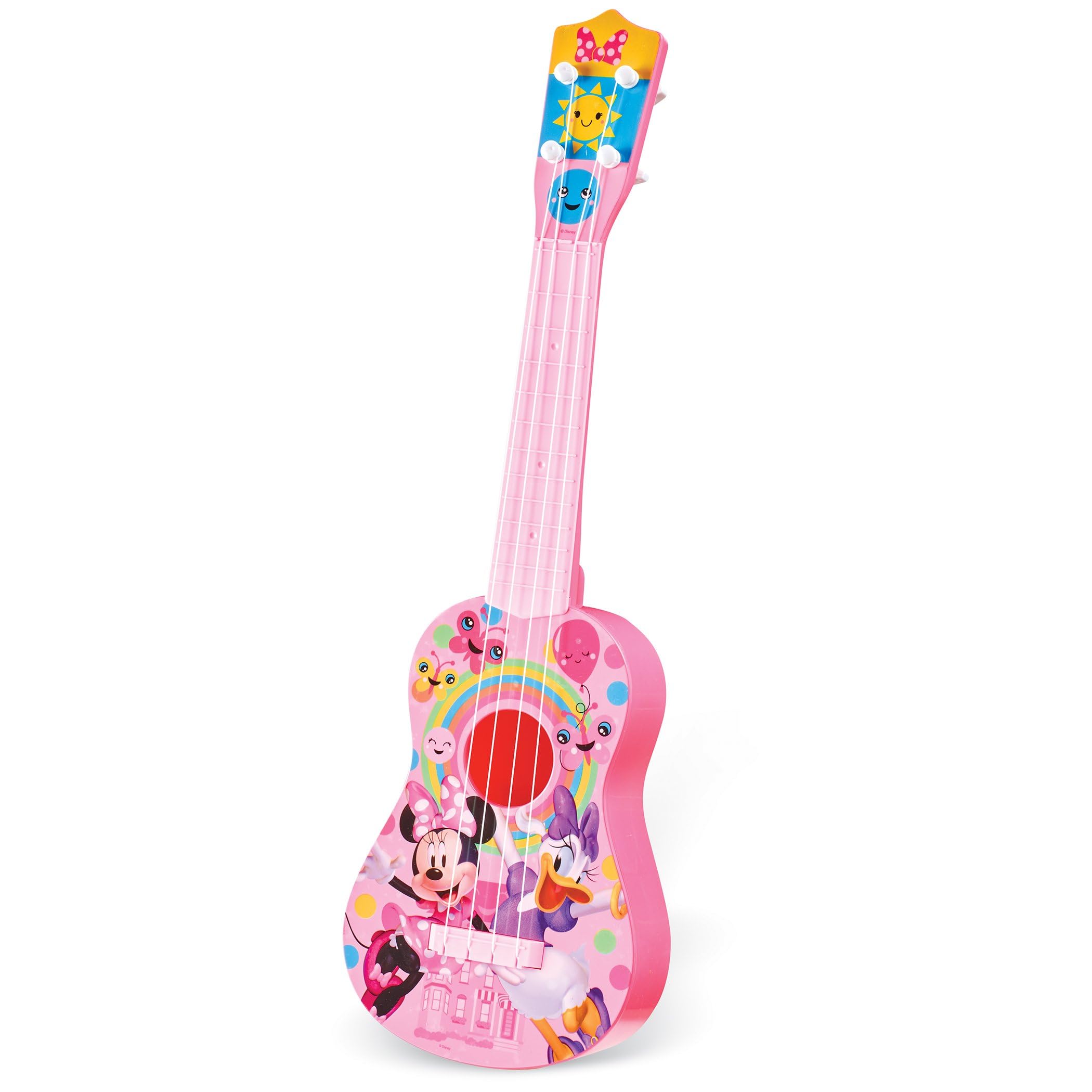 What Kids Want Disney Minnie Mouse pink guitar with 21.5-inch size, ideal for beginner music practice.