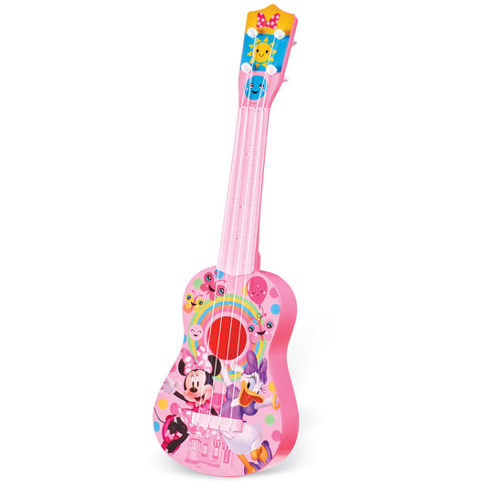 What Kids Want Minnie Mouse pink guitar shows real tuning pegs for hands-on learning.