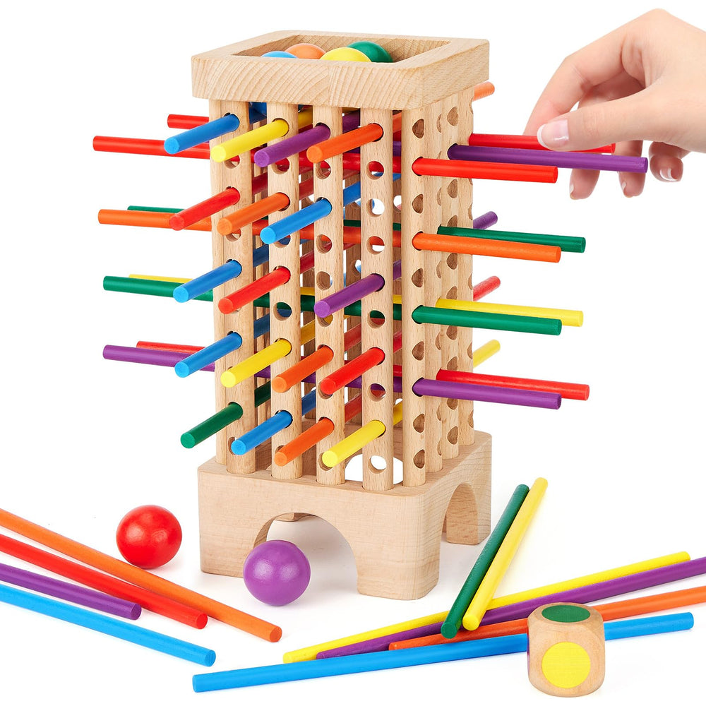 WhimsiPlay Montessori board game tower and sticks for hands-on counting.
