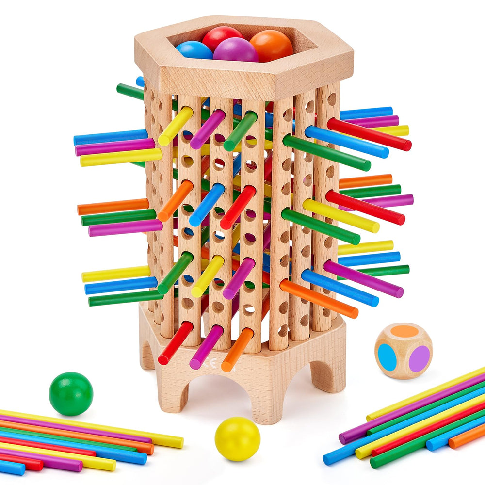 WhimsiPlay Montessori board wooden tower for color recognition and planning.