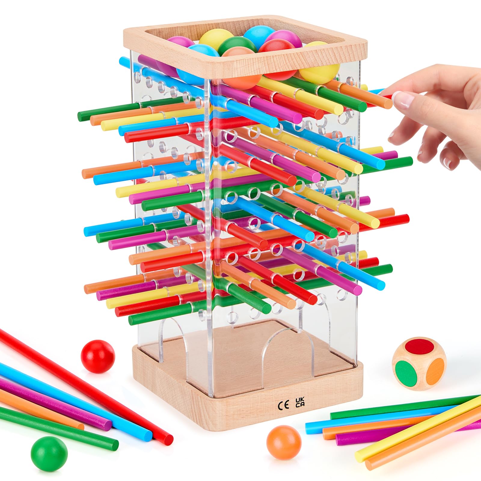 WhimsiPlay Montessori wooden board game with sticks and dice for family play