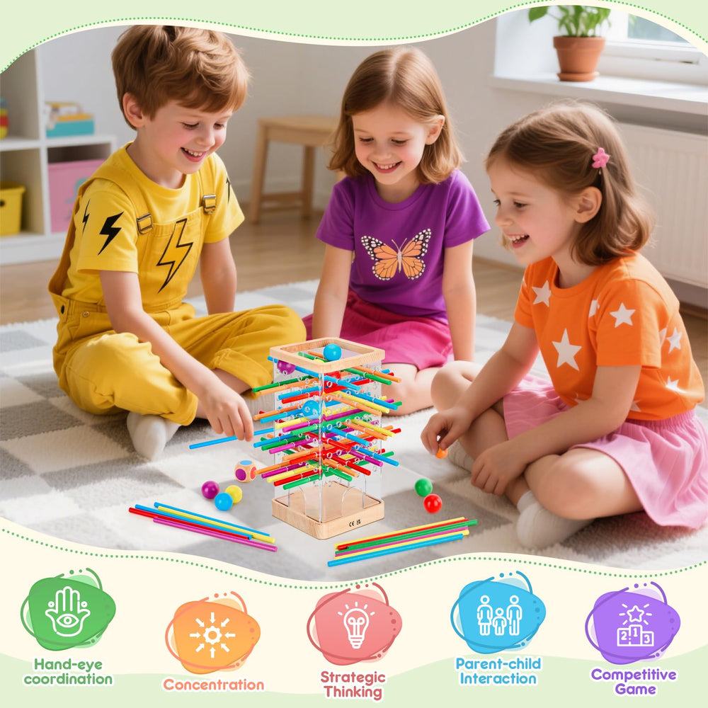 WhimsiPlay wooden tower and 12 balls ready for stacking