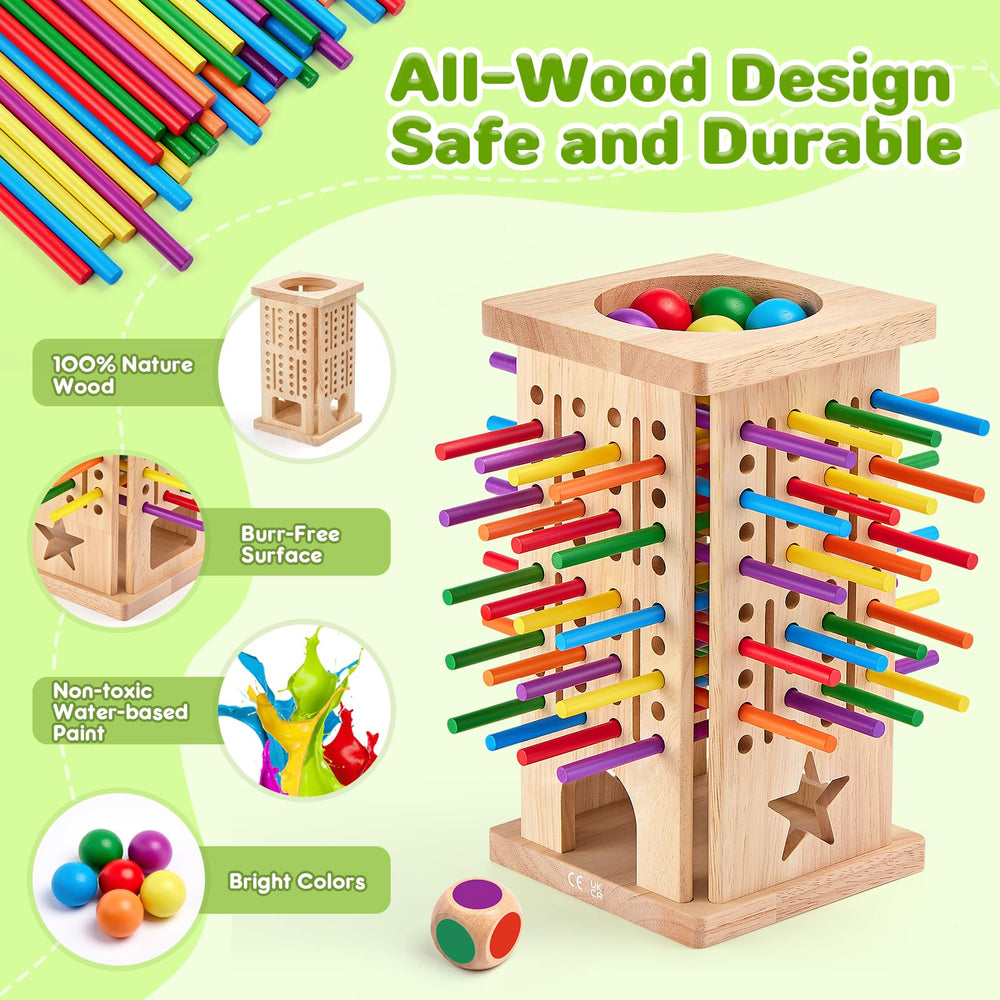 WhimsiPlay wooden tower with sticks supports fine motor practice during game time