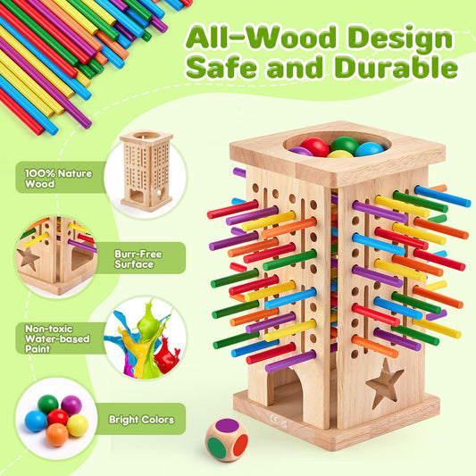 WhimsiPlay wooden tower with sticks supports fine motor practice during game time