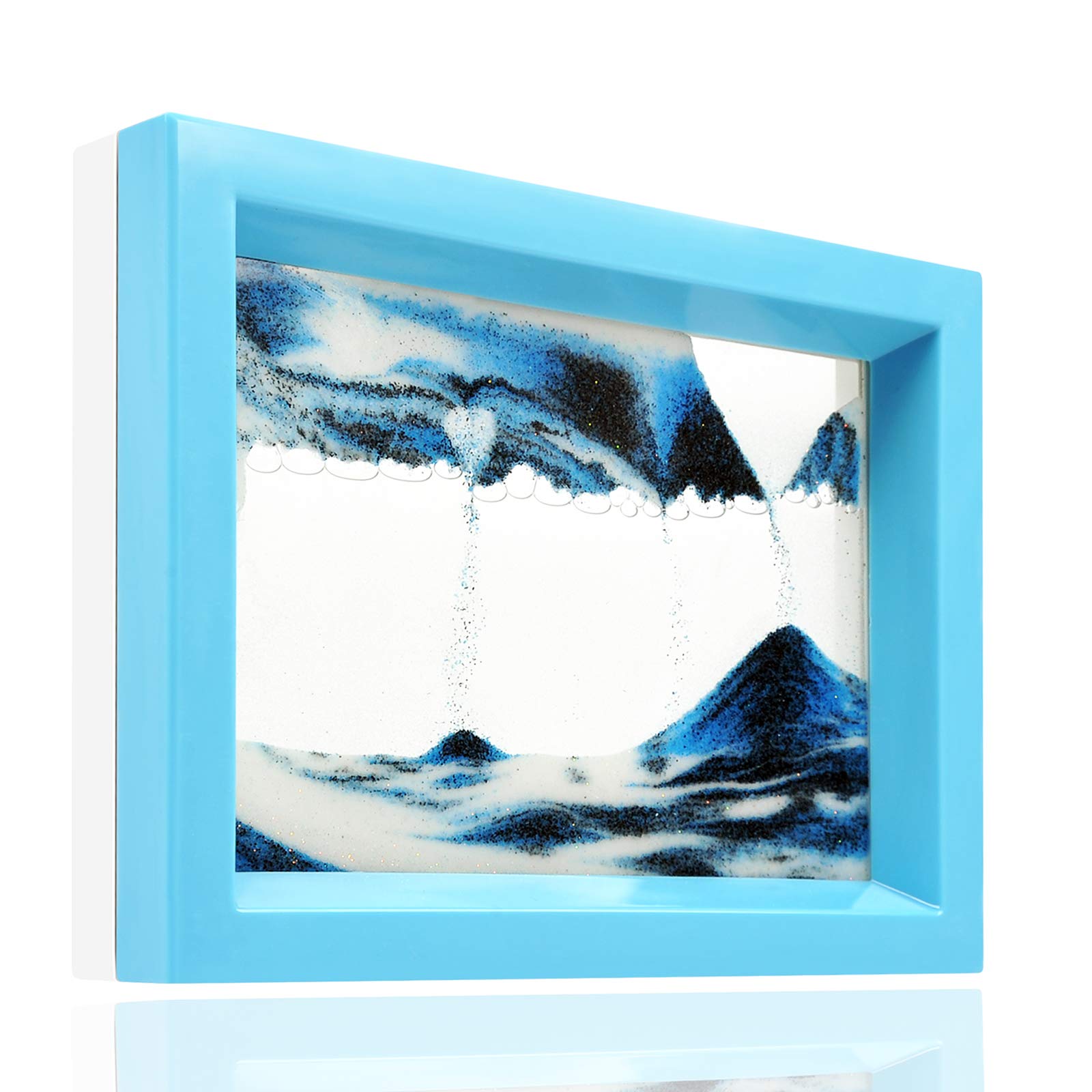 Whimsyyy Moving Sand Art Ocean Heart Blue picture shows soothing flowing sand for desk decor.