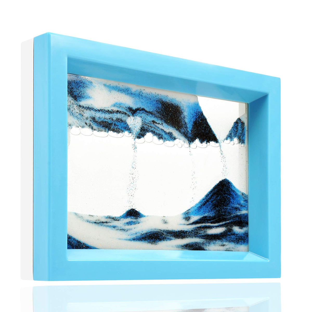 Whimsyyy Moving Sand Art Ocean Heart Blue picture shows soothing flowing sand for desk decor.