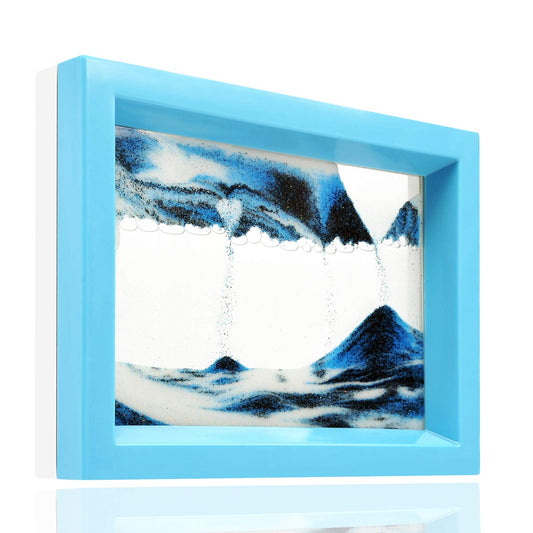 Whimsyyy Moving Sand Art Ocean Heart Blue picture shows soothing flowing sand for desk decor.