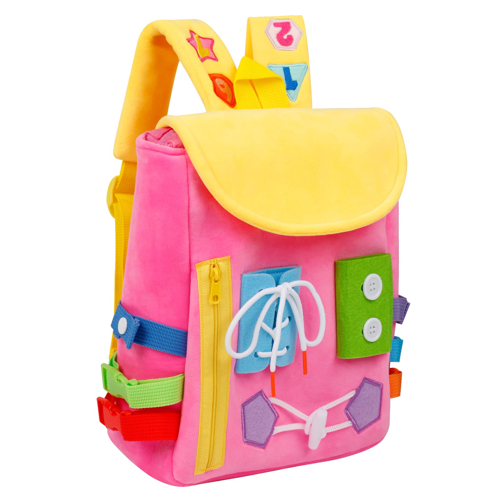 WHITE DOLPHIN TOYS Busy Board backpack buckles close-up for hands-on fine motor practice