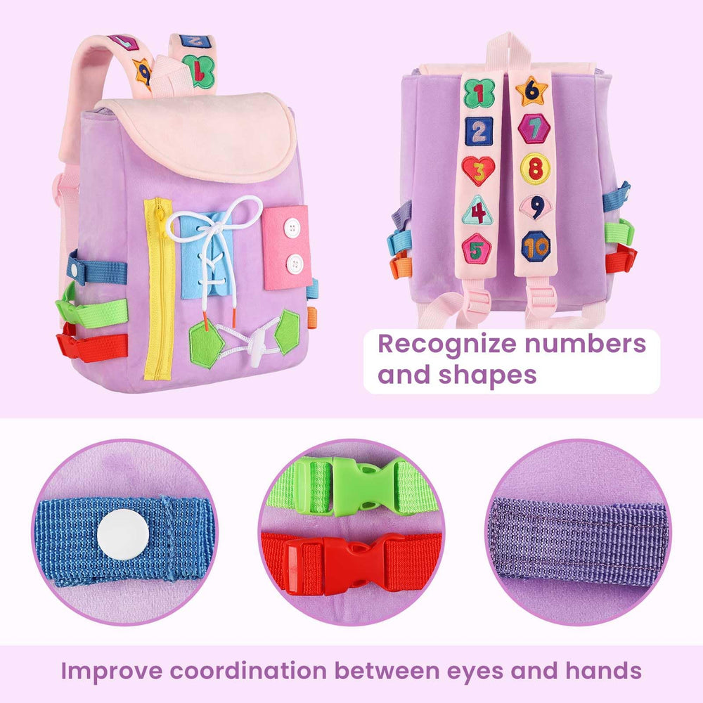White Dolphin Toys Busy Board Backpack buckles and straps enable fine motor practice.