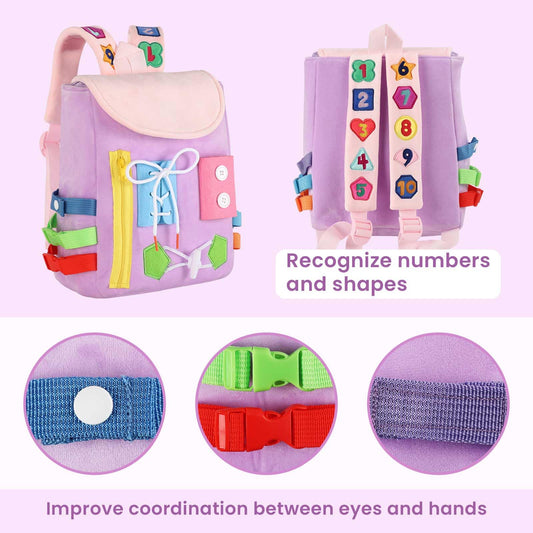 White Dolphin Toys Busy Board Backpack buckles and straps enable fine motor practice.