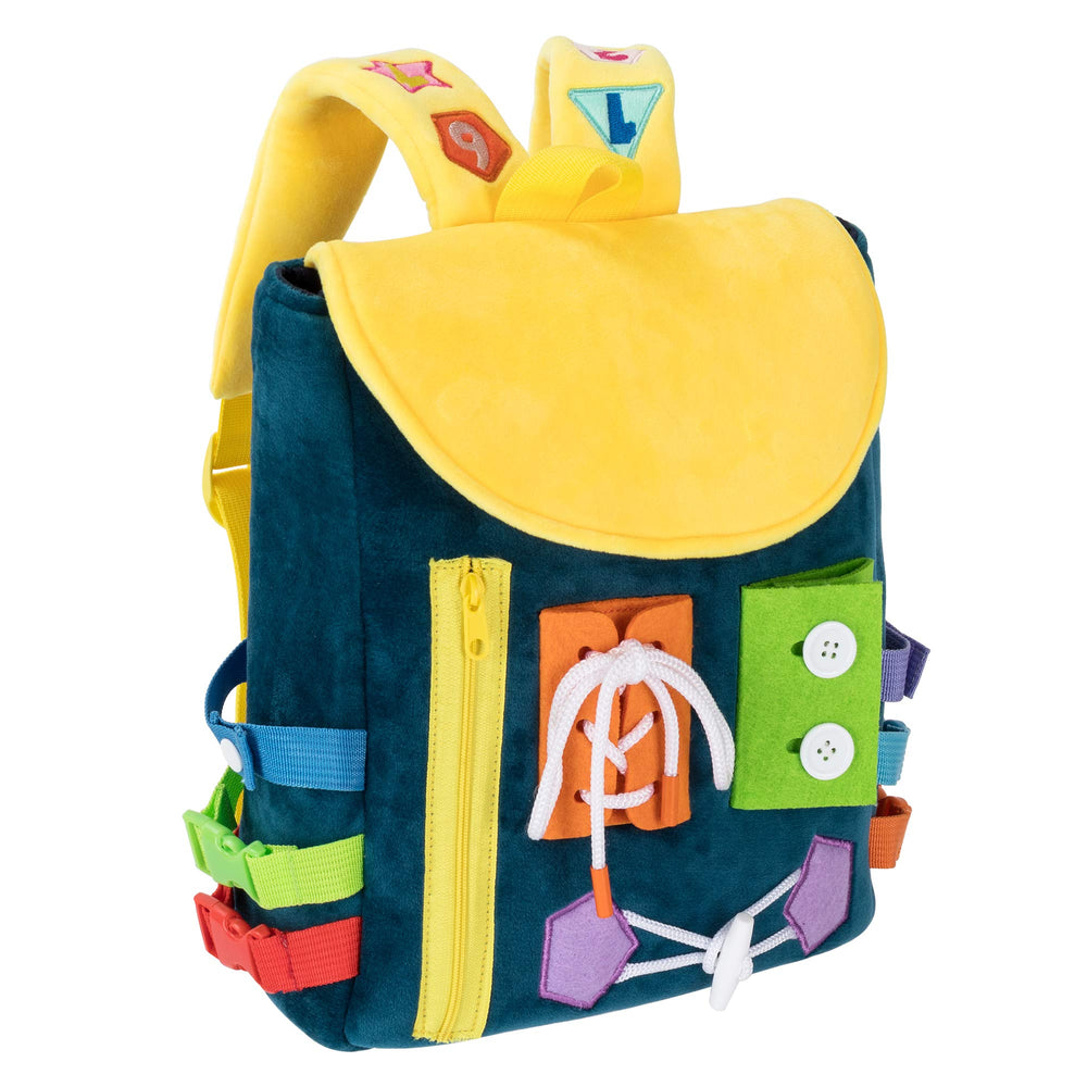 White Dolphin Toys Busy Board Backpack Buckles enhance fine motor skills.