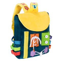 White Dolphin Toys Busy Board Backpack Buckles enhance fine motor skills.