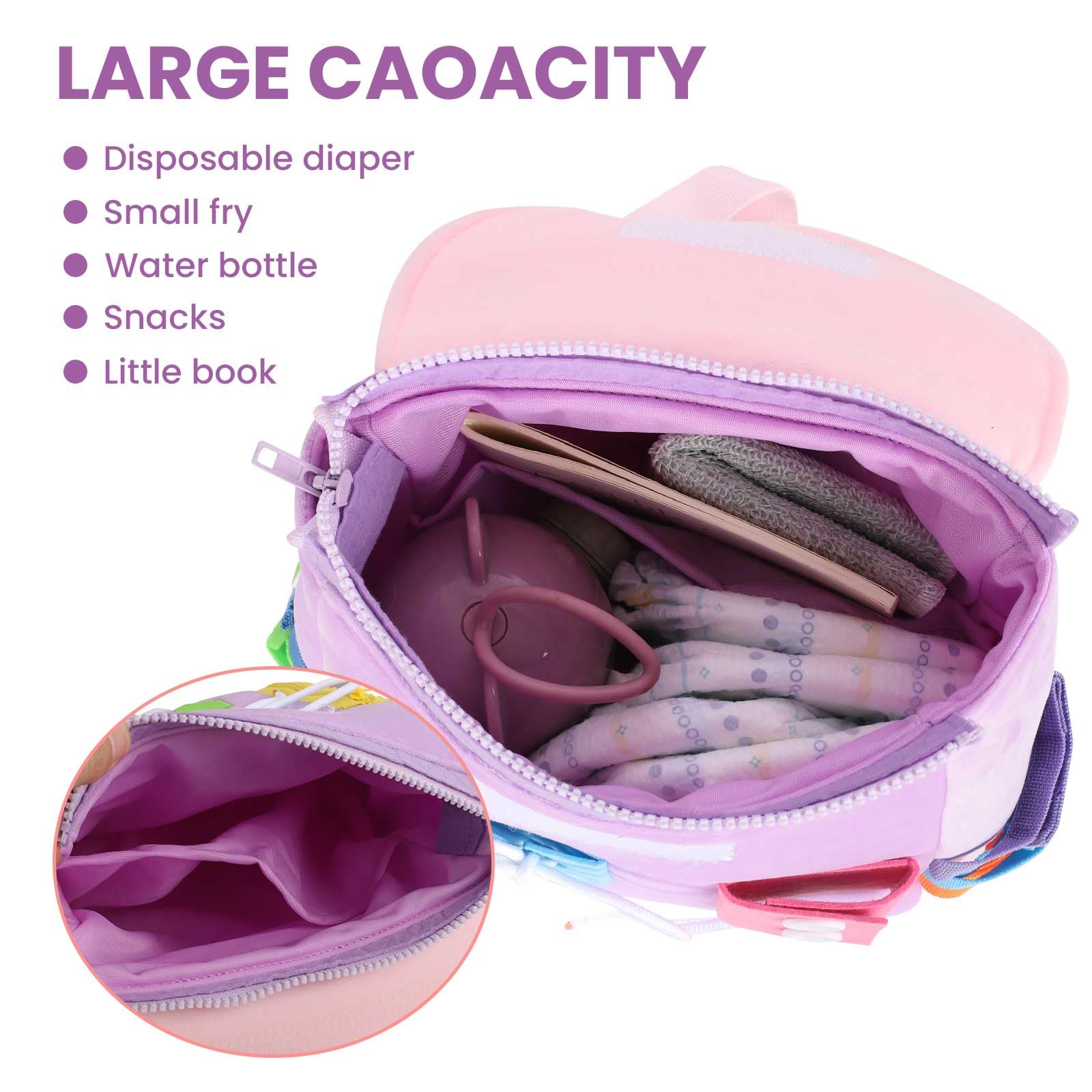White Dolphin Toys Busy Board Backpack interior compartments help organize daily essentials.