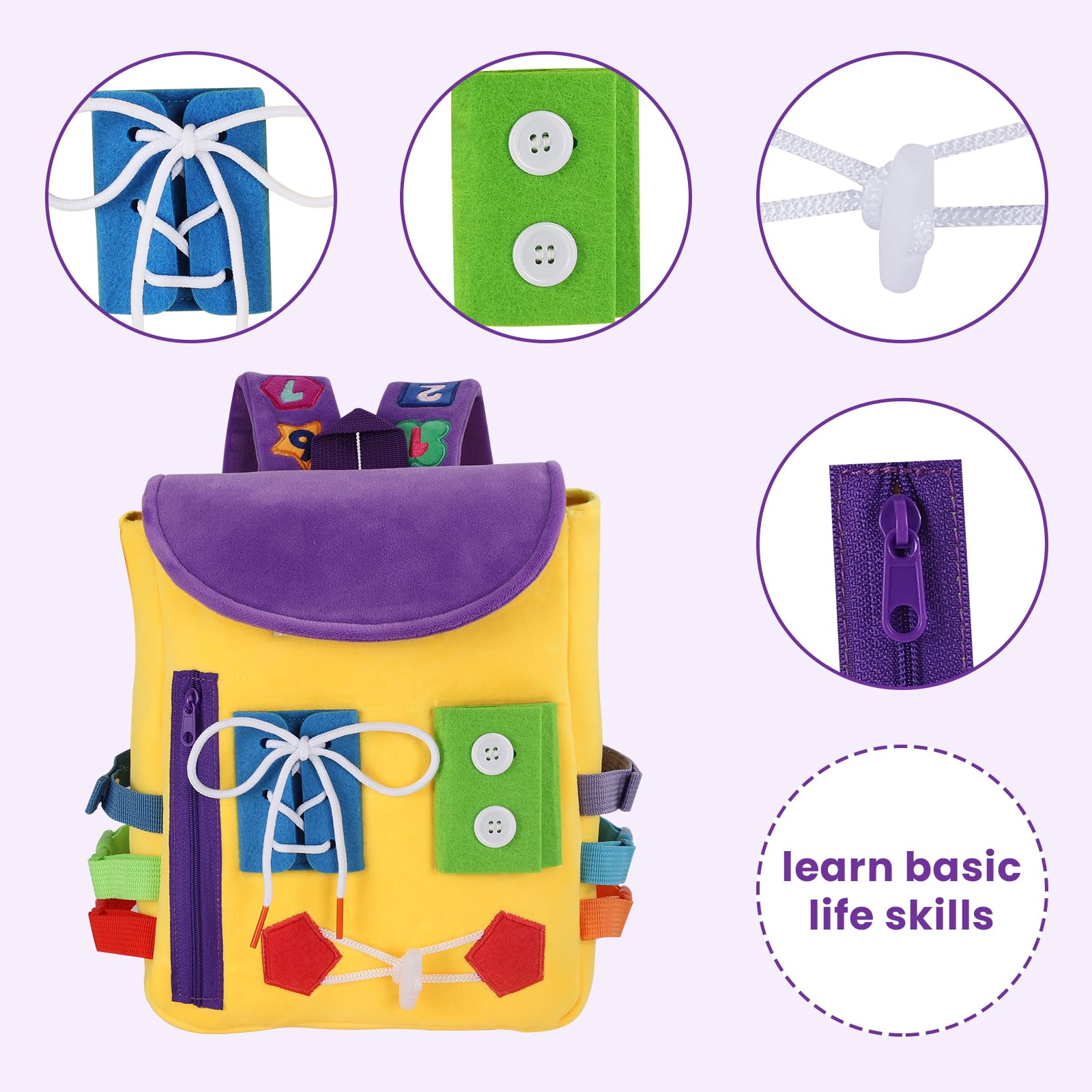 White Dolphin Toys Busy Board backpack features numbers and shapes to spark counting play.
