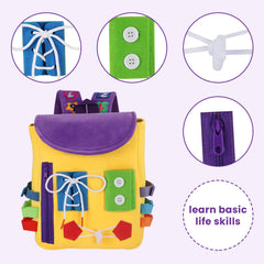 White Dolphin Toys Busy Board backpack features numbers and shapes to spark counting play.