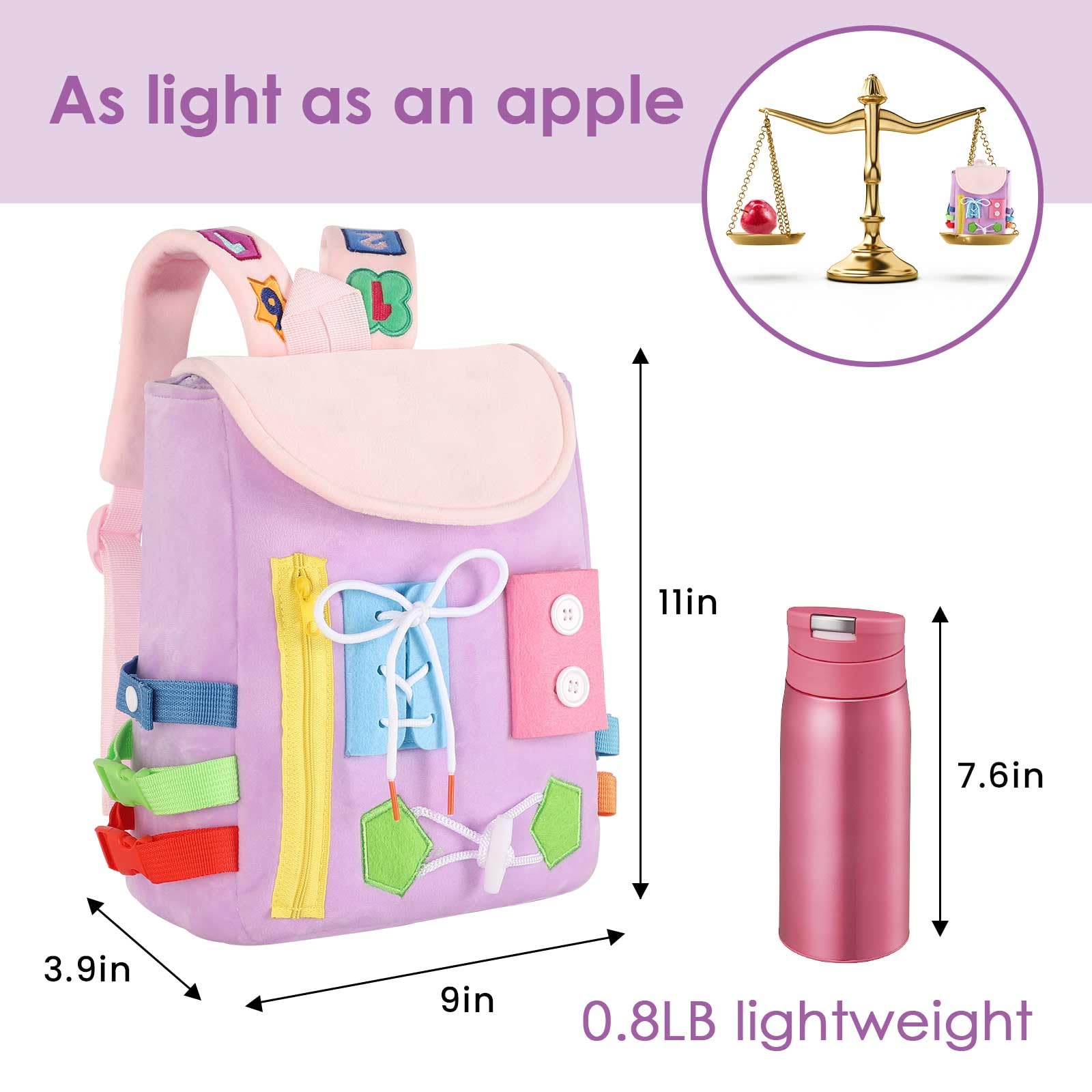 White Dolphin Toys Busy Board Backpack plush materials feel soft and easy to clean.