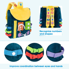 White Dolphin Toys Busy Board Shoe-tying toy aids learning.