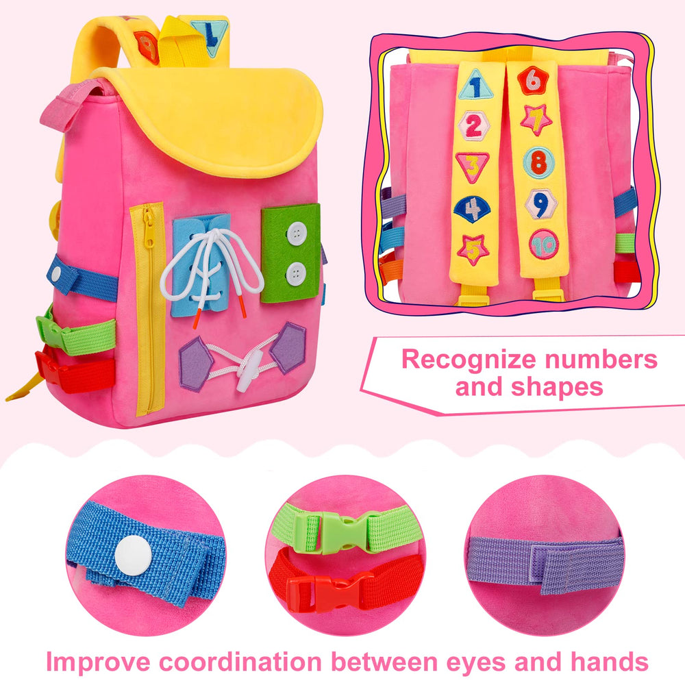 WHITE DOLPHIN TOYS Busy Board toddler backpack shows large capacity for organization