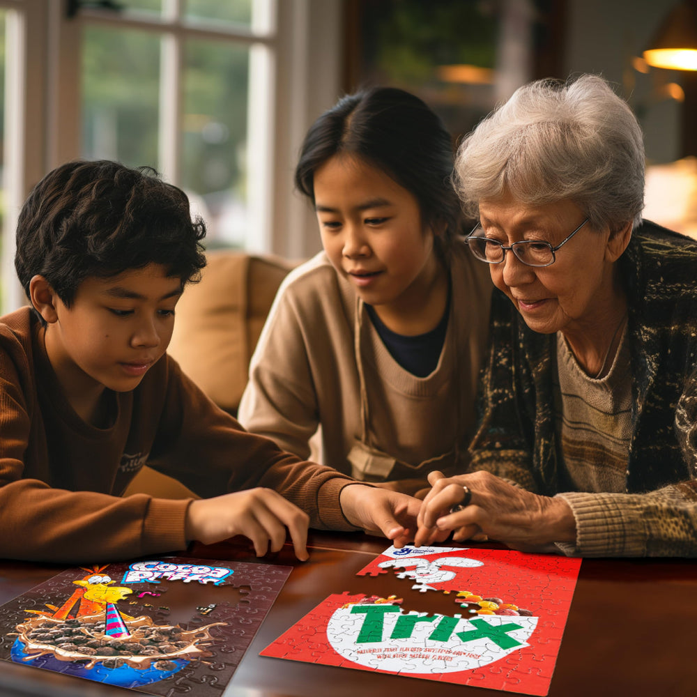 White Mountain puzzle featuring Cocoa Puffs, 100 pieces, playful scene for mindful focus.