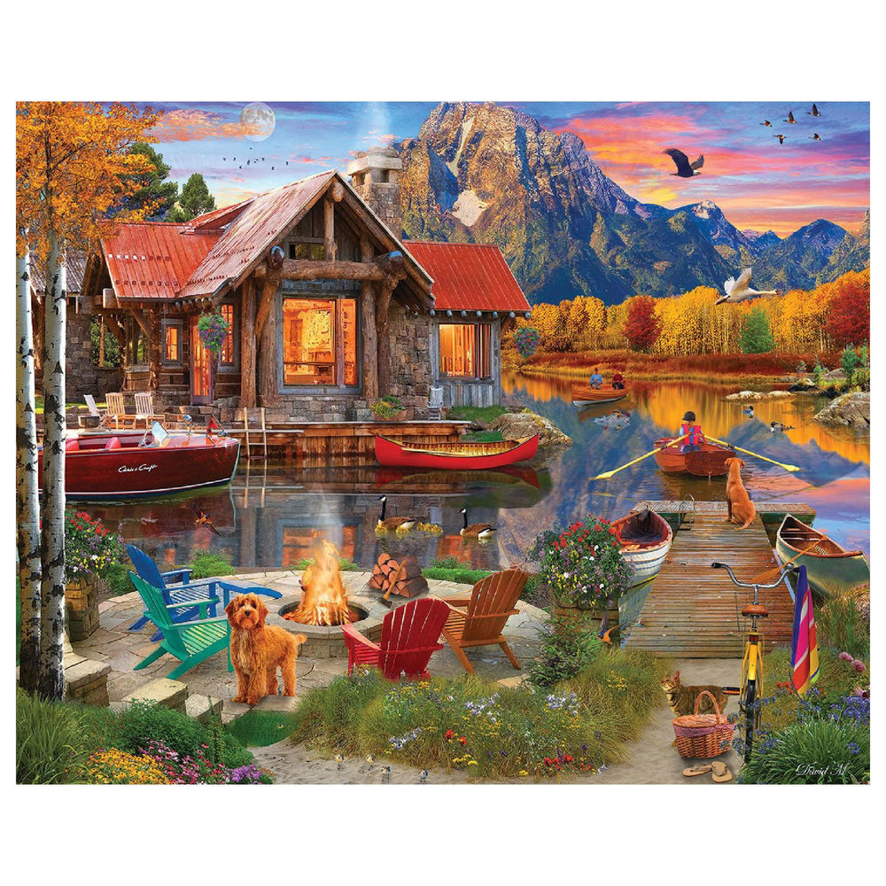 White Mountain 1000-piece cabin fall lake scene puzzle inspires cozy family evenings.