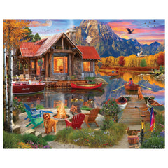 White Mountain 1000-piece cabin fall lake scene puzzle inspires cozy family evenings.