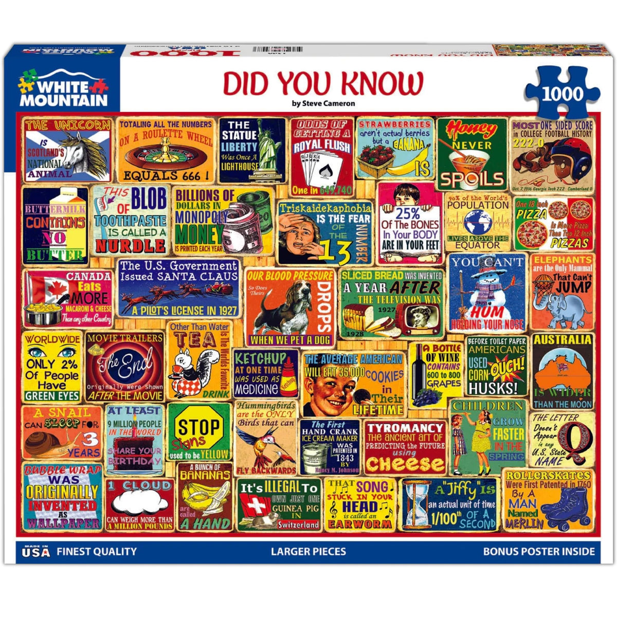 White Mountain 1000-piece puzzle vintage collage front cover, perfect for family puzzle night.