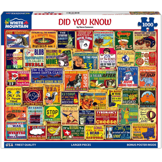 White Mountain 1000-piece puzzle vintage collage front cover, perfect for family puzzle night.