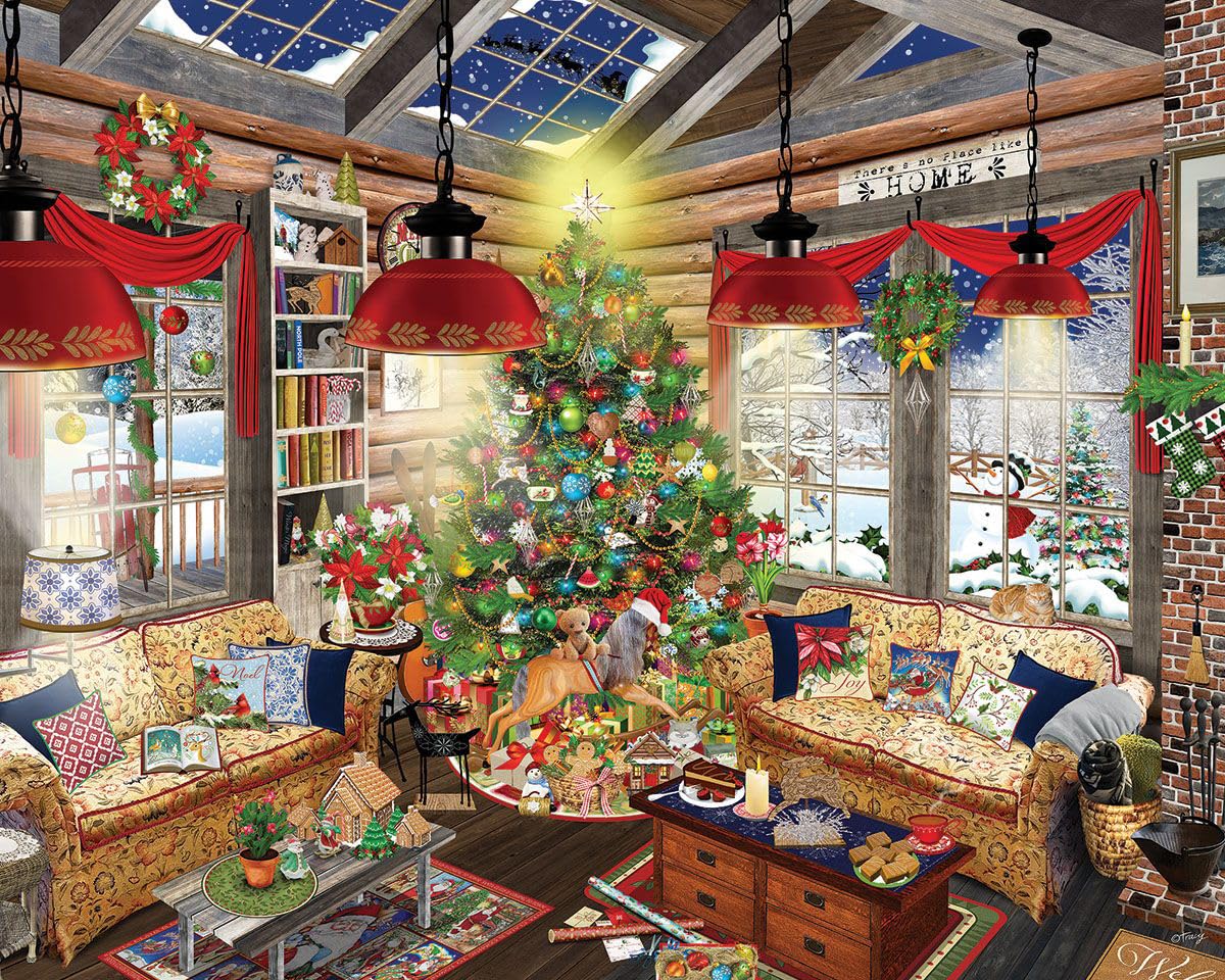 White Mountain 1000-piece winter puzzle pieces on the table for family fun.