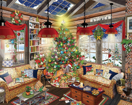 White Mountain 1000-piece winter puzzle pieces on the table for family fun.