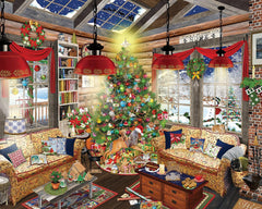 White Mountain 1000-piece winter puzzle pieces on the table for family fun.