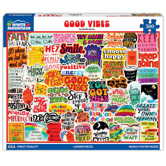 White Mountain 500-piece puzzle cover with retro nostalgic collage for family fun
