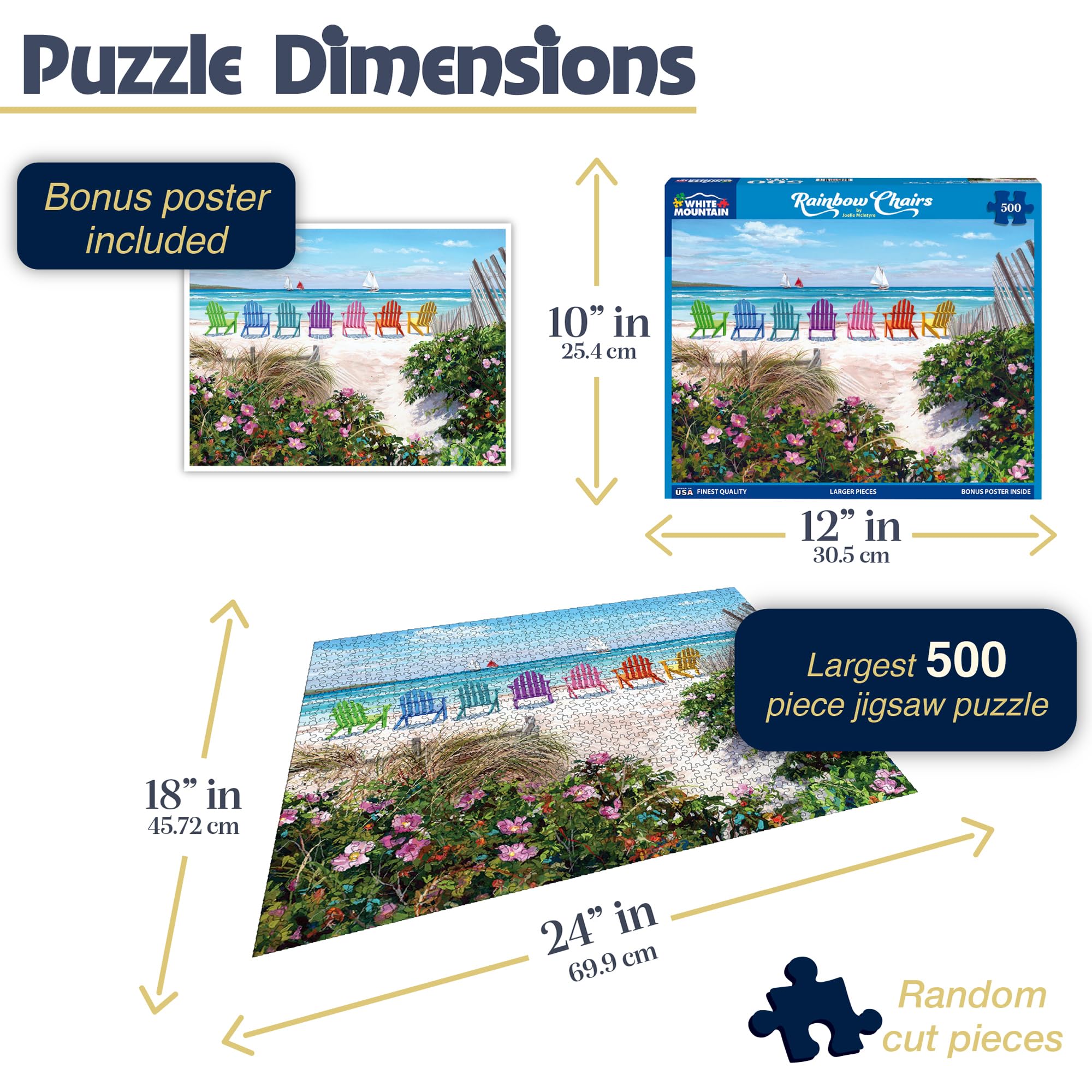 White Mountain Adirondack chairs row puzzle showcases vibrant colors for shared leisure.