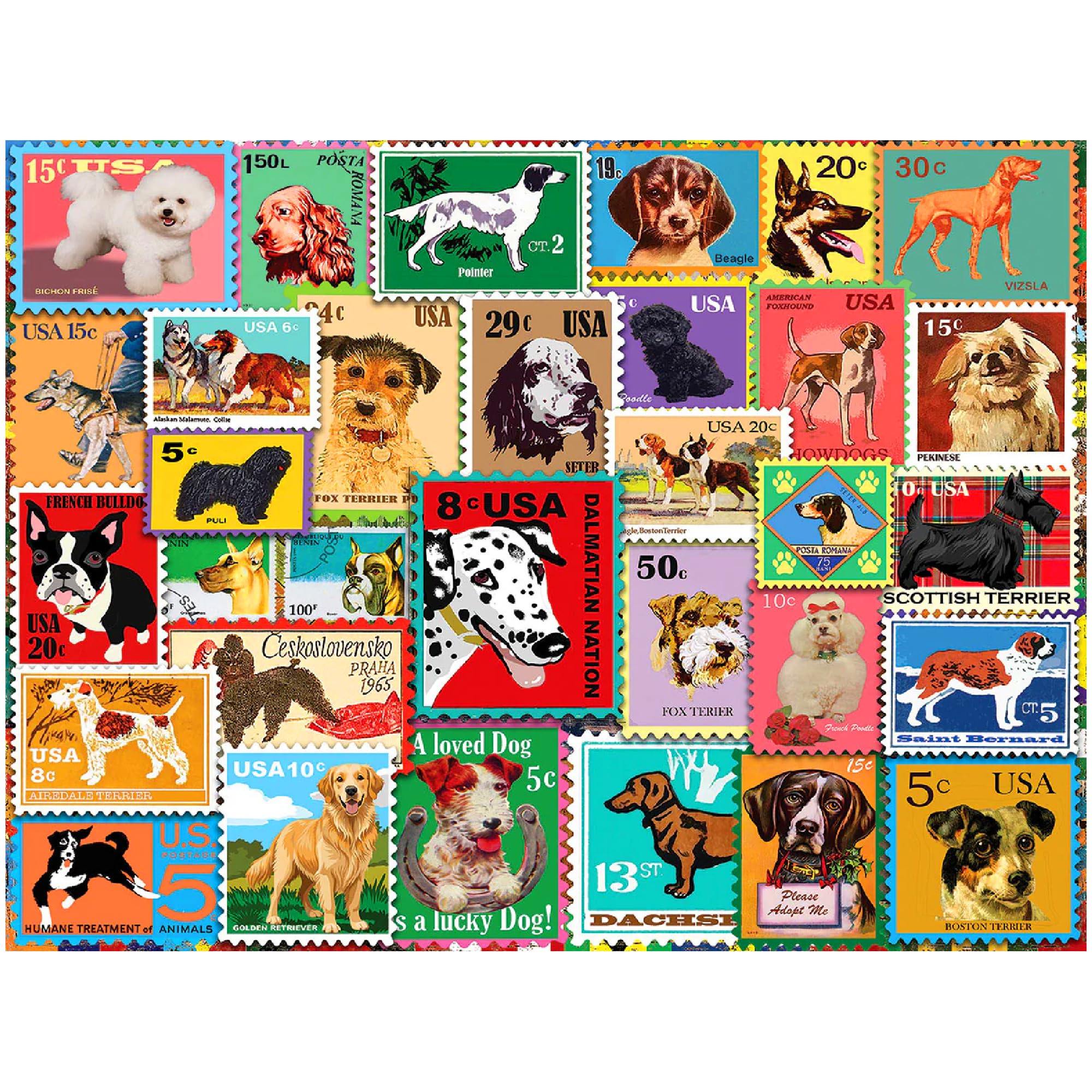Lewis T. Johnson artwork on a White Mountain dog stamps puzzle full of nostalgic charm.