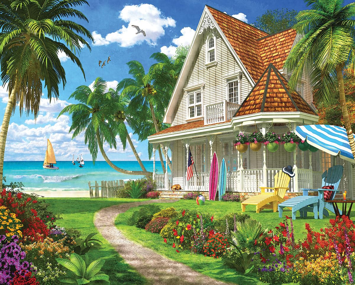 White Mountain Beach House 1000-piece puzzle with palm trees for family fun