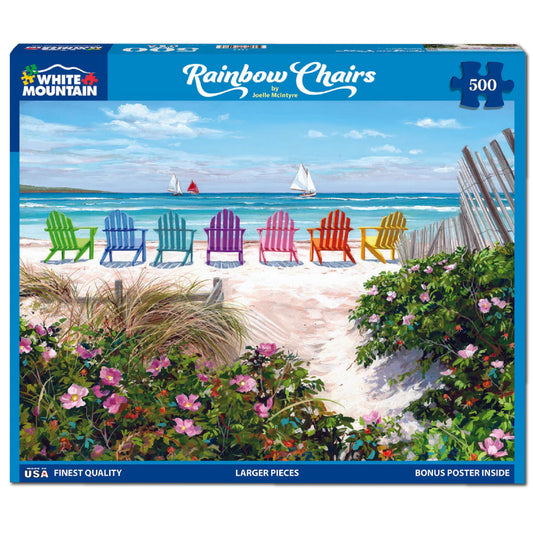 White Mountain beach scene puzzle featuring a sailboat, perfect for mindful evenings.