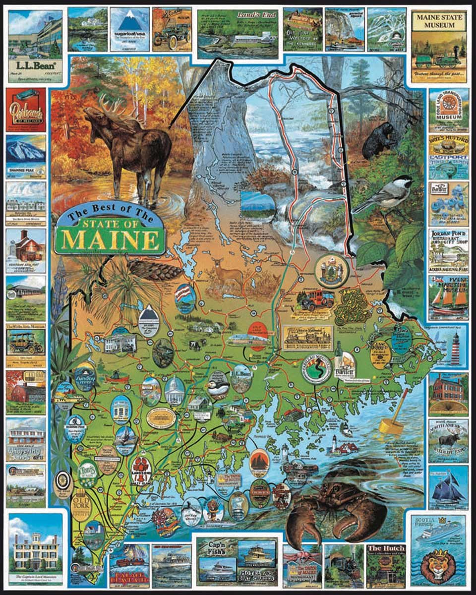 White Mountain Best of Maine puzzle cover with map design offers travel-planning inspiration.