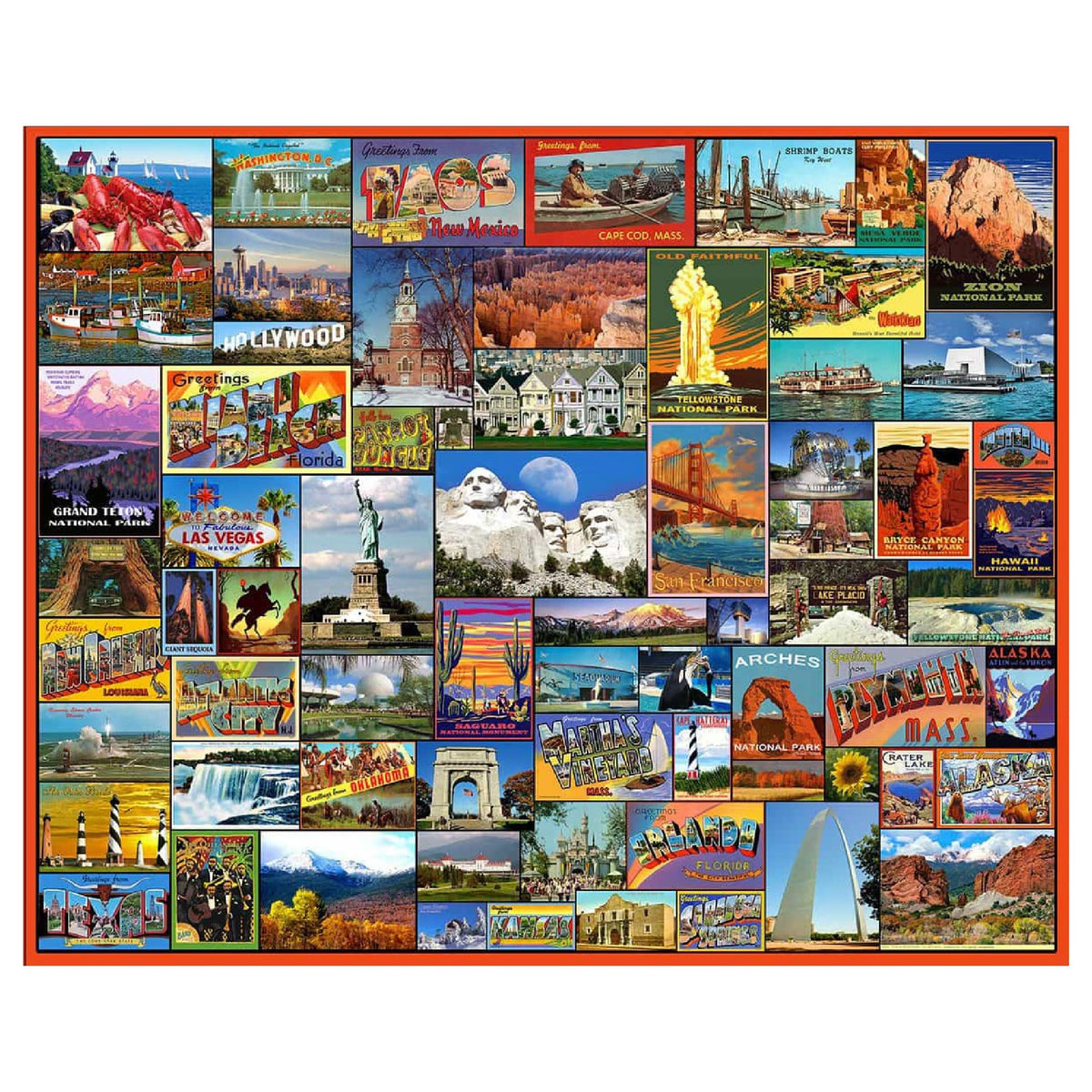 White Mountain Best Places in America puzzle cover with landmarks collage, ideal for family game night.
