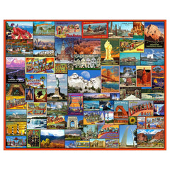 White Mountain Best Places in America puzzle cover with landmarks collage, ideal for family game night.