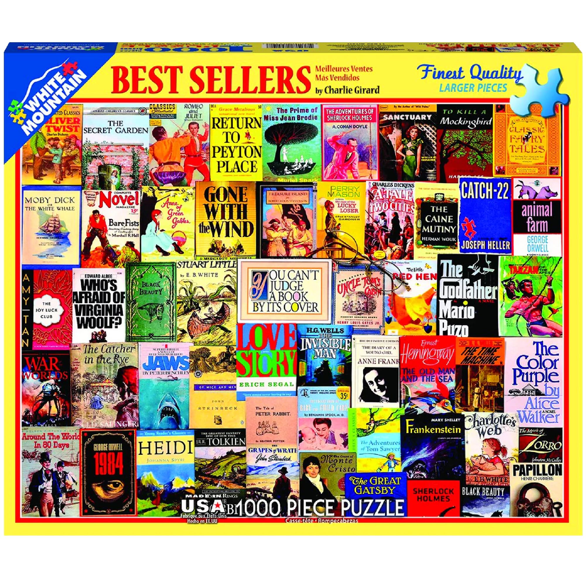 White Mountain Best Sellers puzzle box front with vintage book cover art for family fun.
